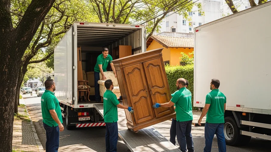 Equipe da Express Mudanças transportando móveis com cuidado em rua de São Paulo