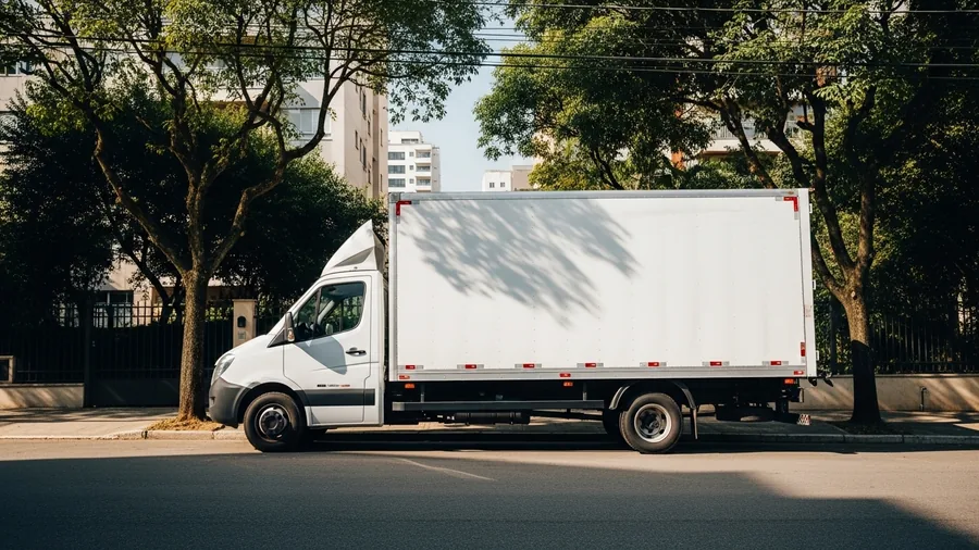 Caminhão baú branco da Express Mudanças estacionado em rua residencial arborizada de São Paulo